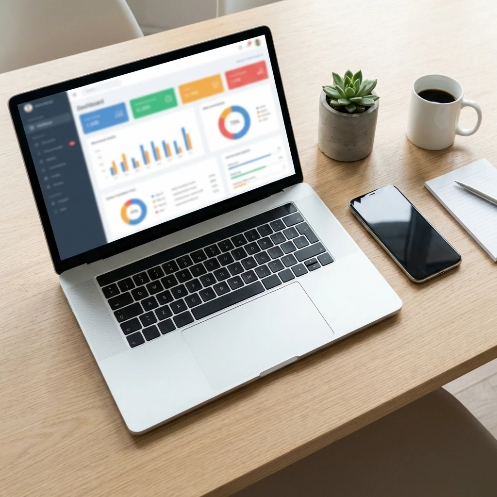 Clean modern desk workspace with laptop showing dashboard for affiliate marketing automation