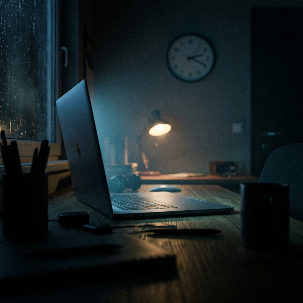 Laptop glowing on desk at night with rain on window — overnight automated content publishing