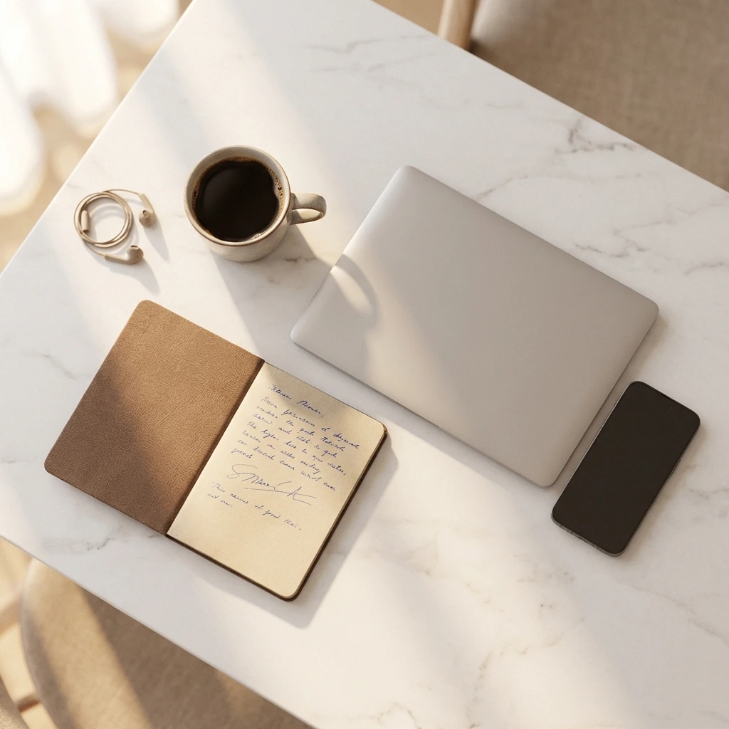 Clean modern desk workspace with laptop, notebook, and coffee — affiliate marketing productivity setup