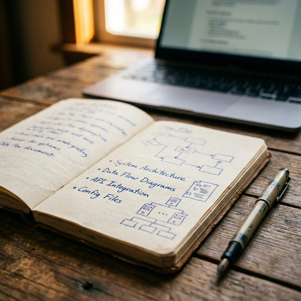 Open notebook with system architecture diagrams and configuration notes next to laptop — AI agent planning